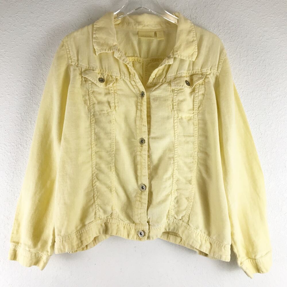 Chico's 100% Linen Lightweight Yellow Trucker Utility Jacket Cropped Summer 3/XL
